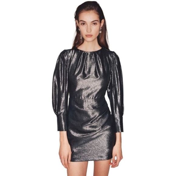 Maje Ralery Metallic Long Sleeve Cocktail Dress Argent Silver Grey Size Medium - Picture 16 of 16